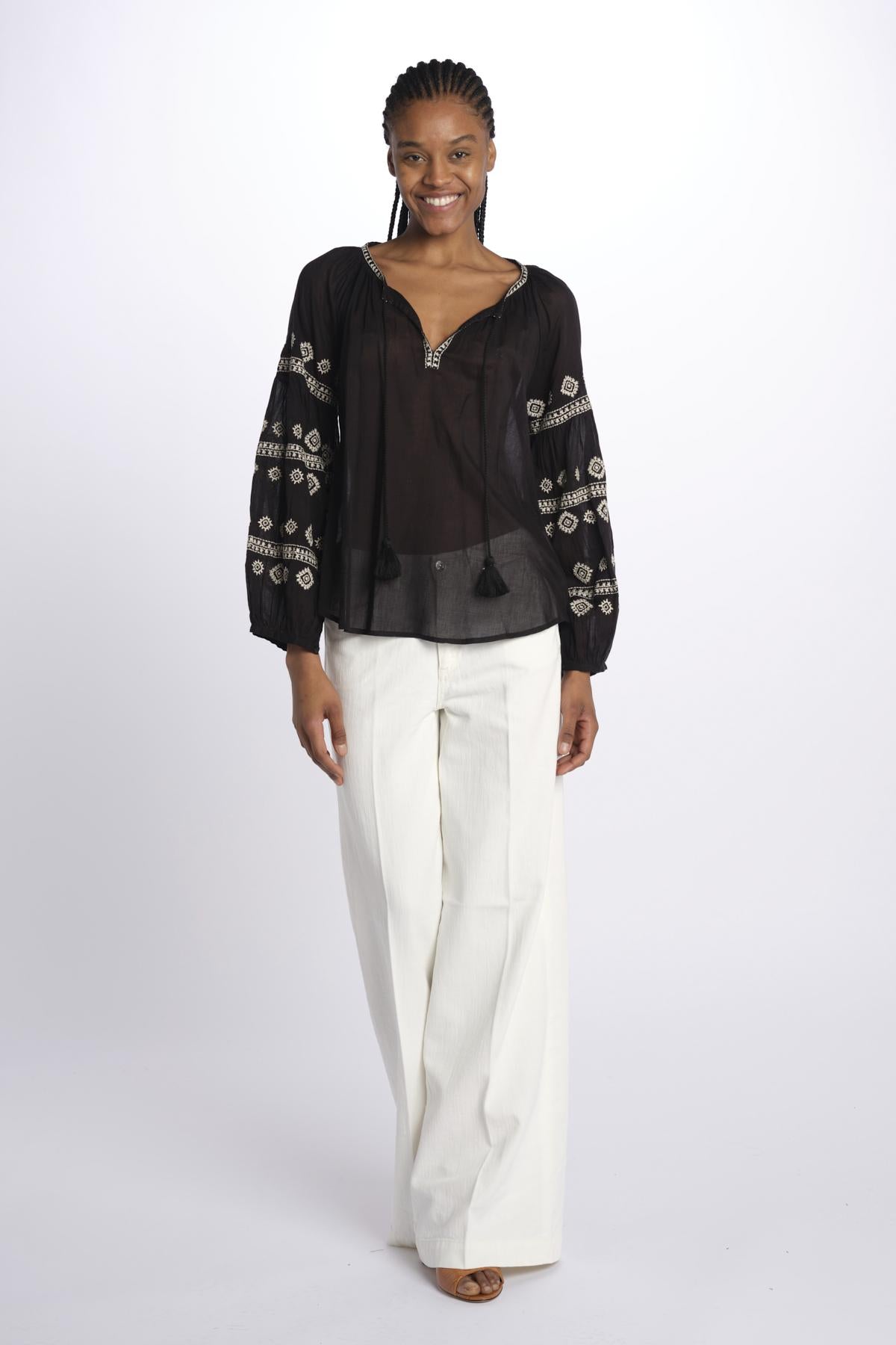 BALERIC camicia con maniche ricamate by milaura. BE22189 BLACK BEIGE benaras soleil 
