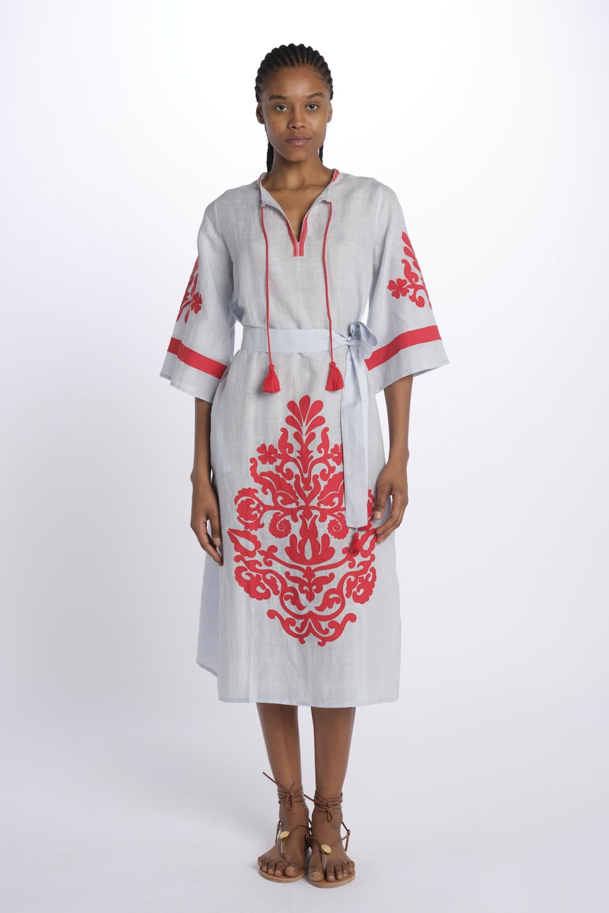 TAHITI  abito con fiori applicati by milaura. BE24876 PALE BLUE RED benaras soleil 