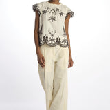 Top KINGSLEY ricamo fiori colombe 089 CREAM sea ny 