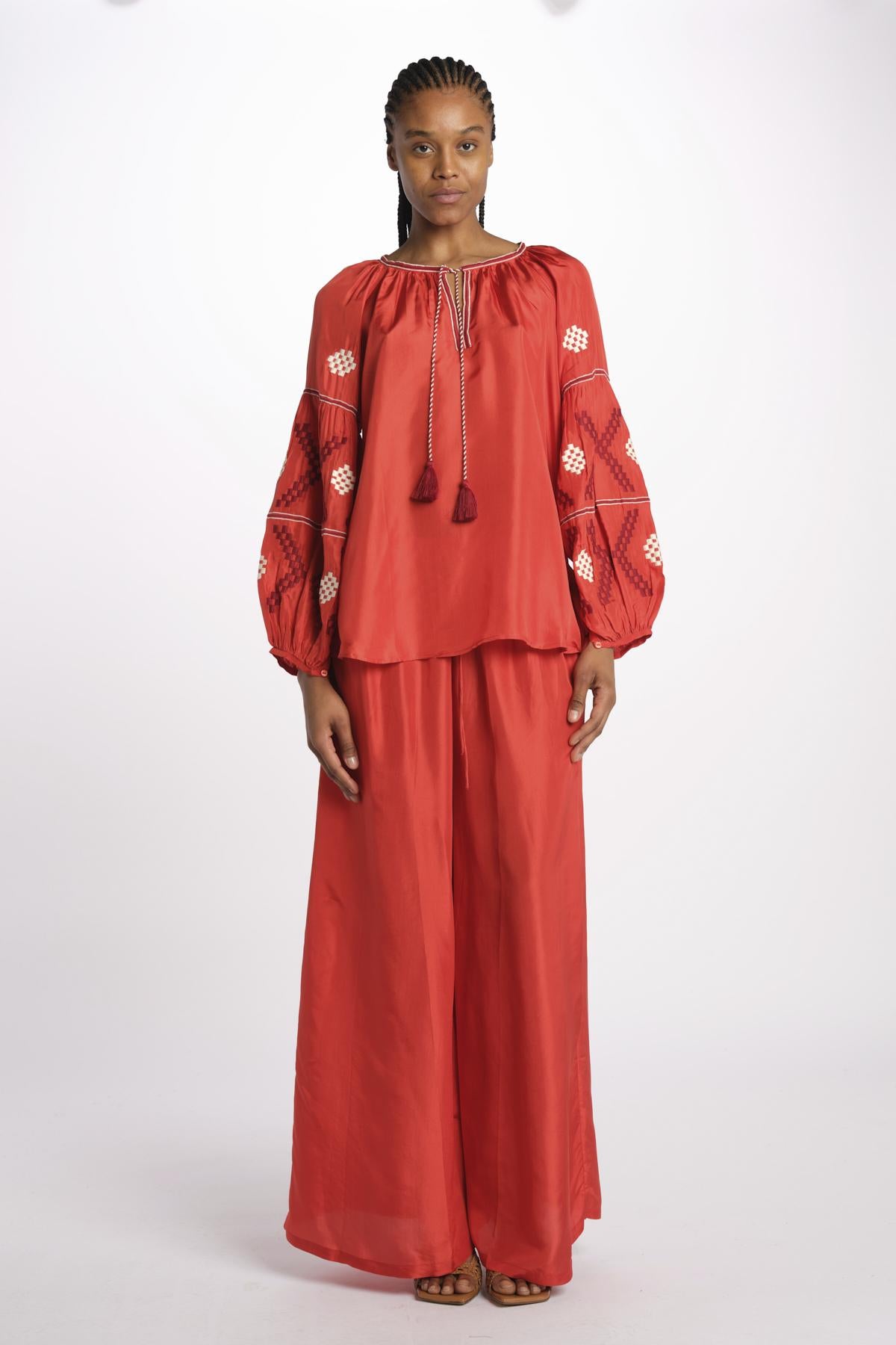 WESTEND silk top manica ricamata by milaura. BE24160 RED ORANGE benaras soleil 