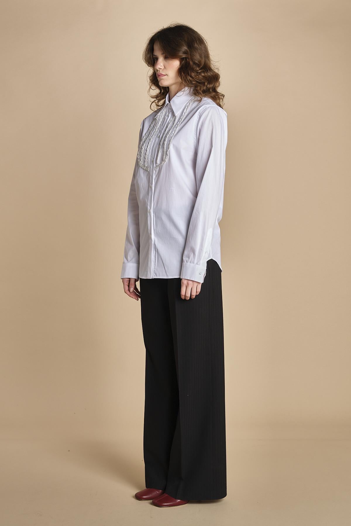 camicia con plastron di perline G023-0187-1101 BIANCO n21 