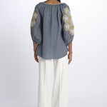 STRIPE FLOWER camicia con fiori ricamati sulla manica by milaura. BE24912 GREY BLUE YELLOW benaras soleil 