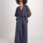 pantalone in seta over BE25252 NAVY benaras soleil 