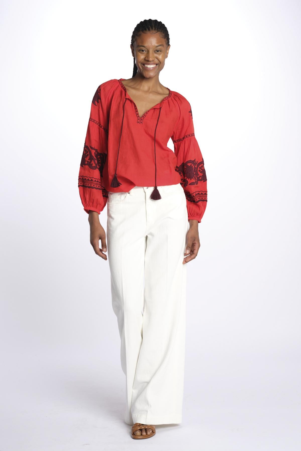 IBIZA camicia con ricami applicati BE24877A FIRE ORANGE BURGUNDY benaras soleil 