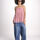 ttop a quadretti con fiorellini ricamati 1WS-58E RED payal pratap 