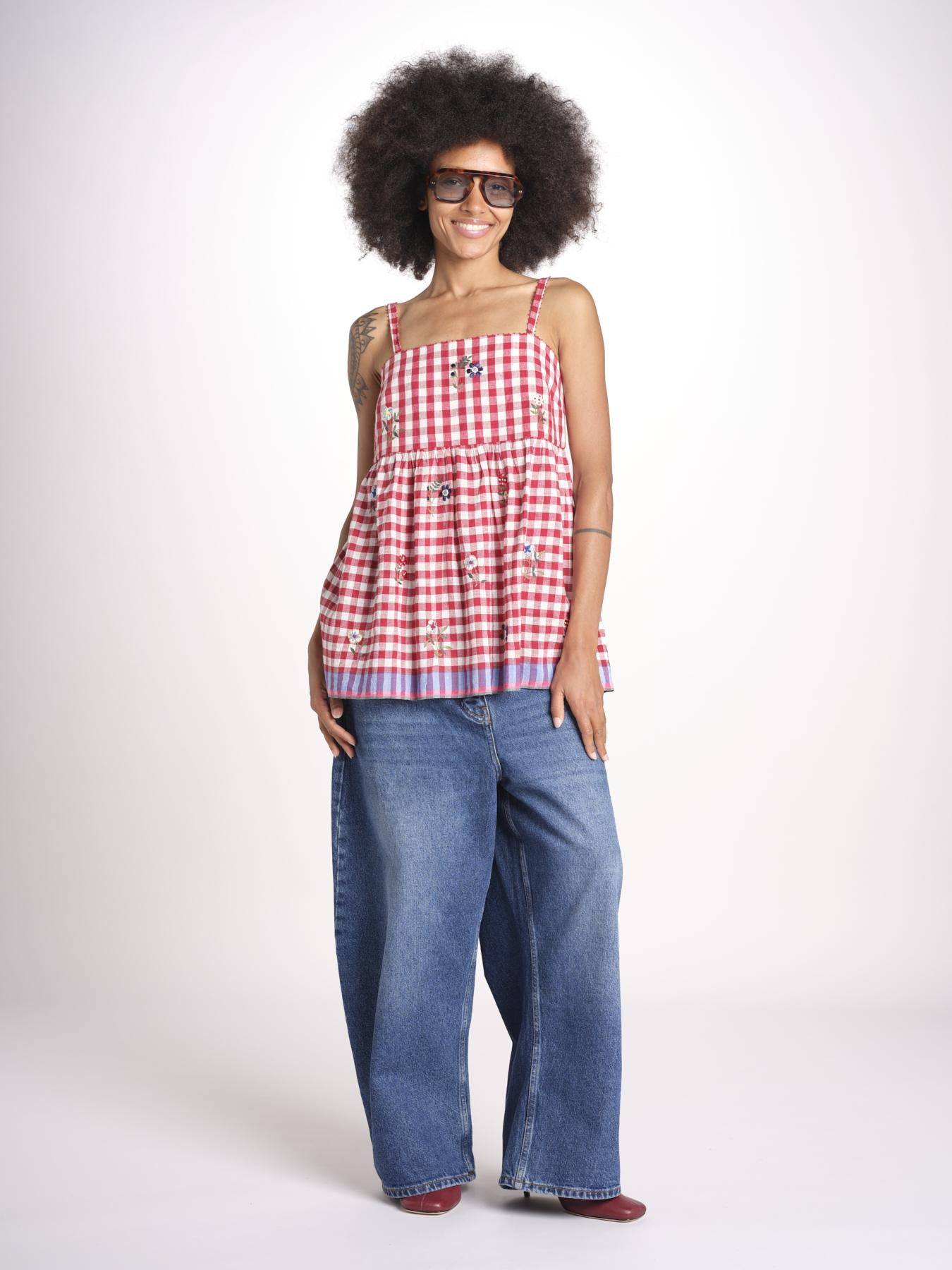 ttop a quadretti con fiorellini ricamati 1WS-58E RED payal pratap 