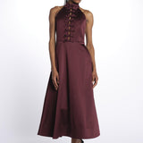 Abito MERLOT MIDI scollato + fiocchi 1970 BURGUNDY rebecca vallance 