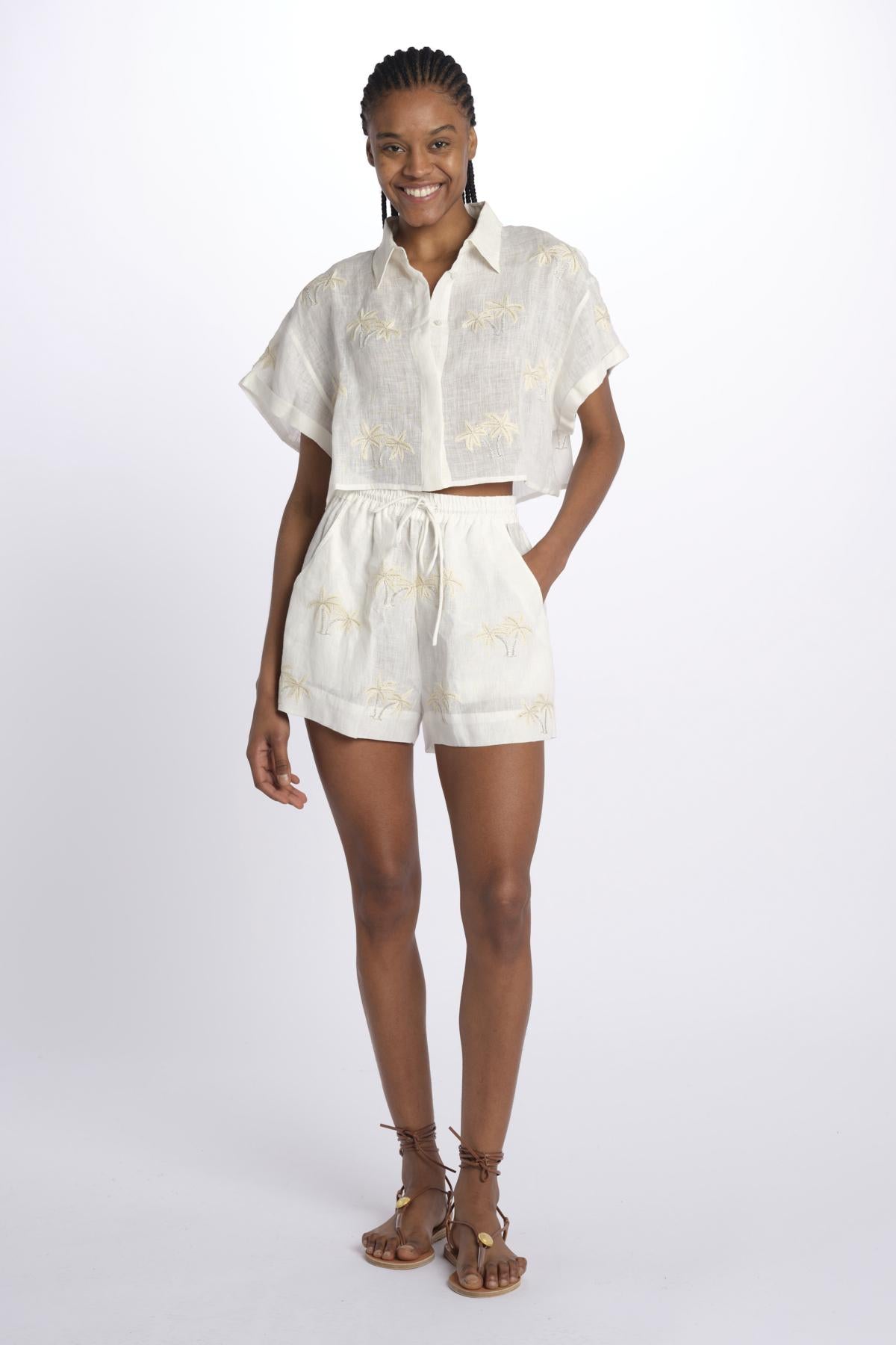 BONDI PALM camicia crop cpn palme in paillettes by milaura. BE24673 NATURAL benaras soleil 