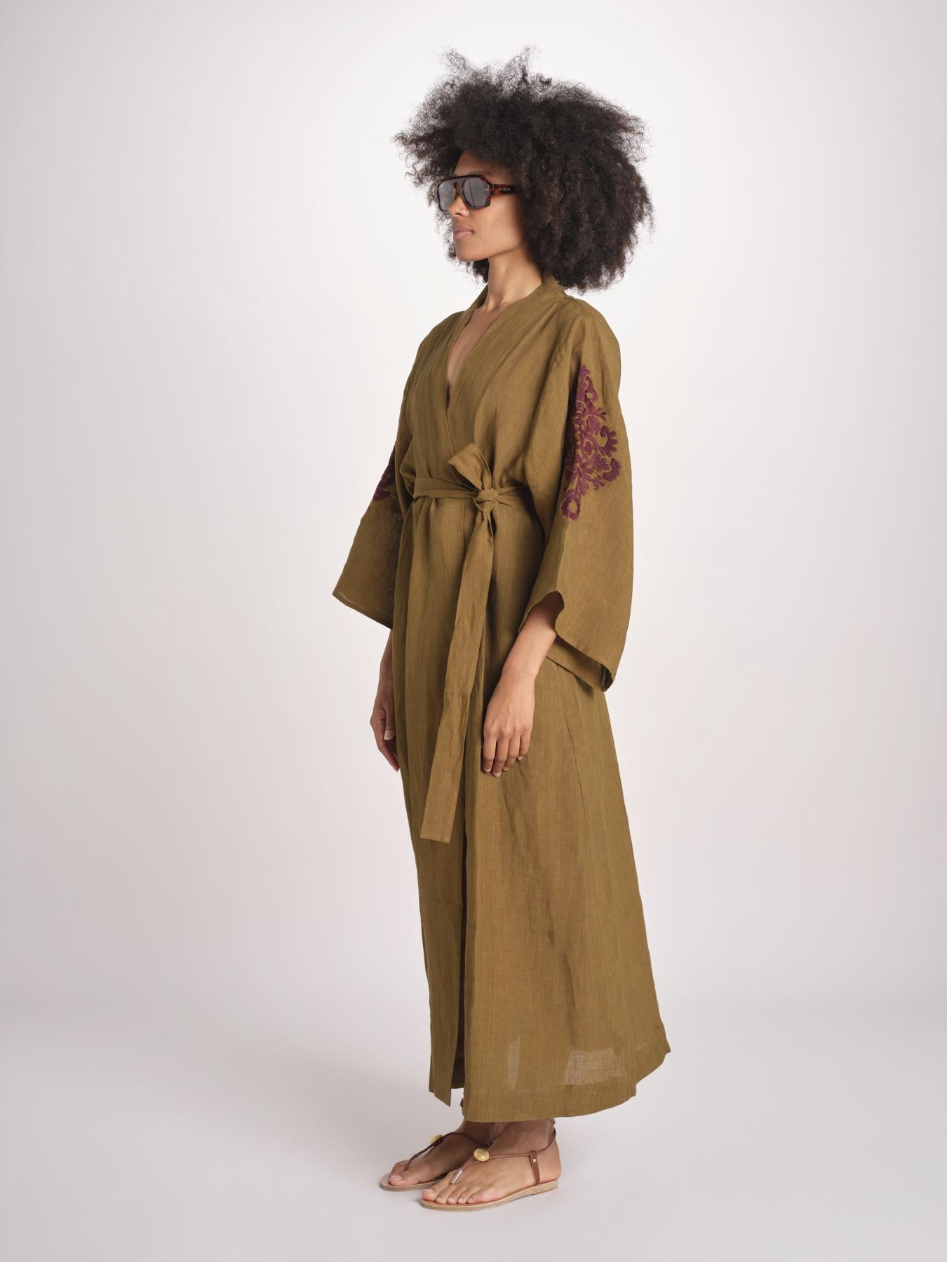 caftano lungo con ricami BE 25244 KHAKI WHINE benaras soleil 