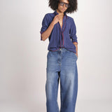 camicia in seta con bordino rosso ANTHEA BLU milaura 