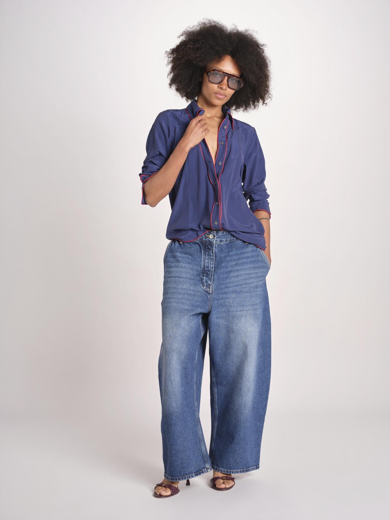 camicia in seta con bordino rosso ANTHEA BLU milaura 