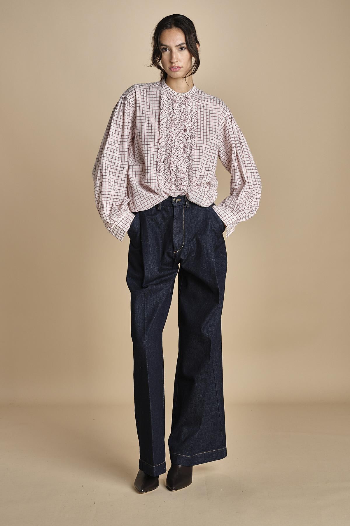 camicia voille lana con rouches MAGRITTE RED_WHITE CHECKS laurence bras 