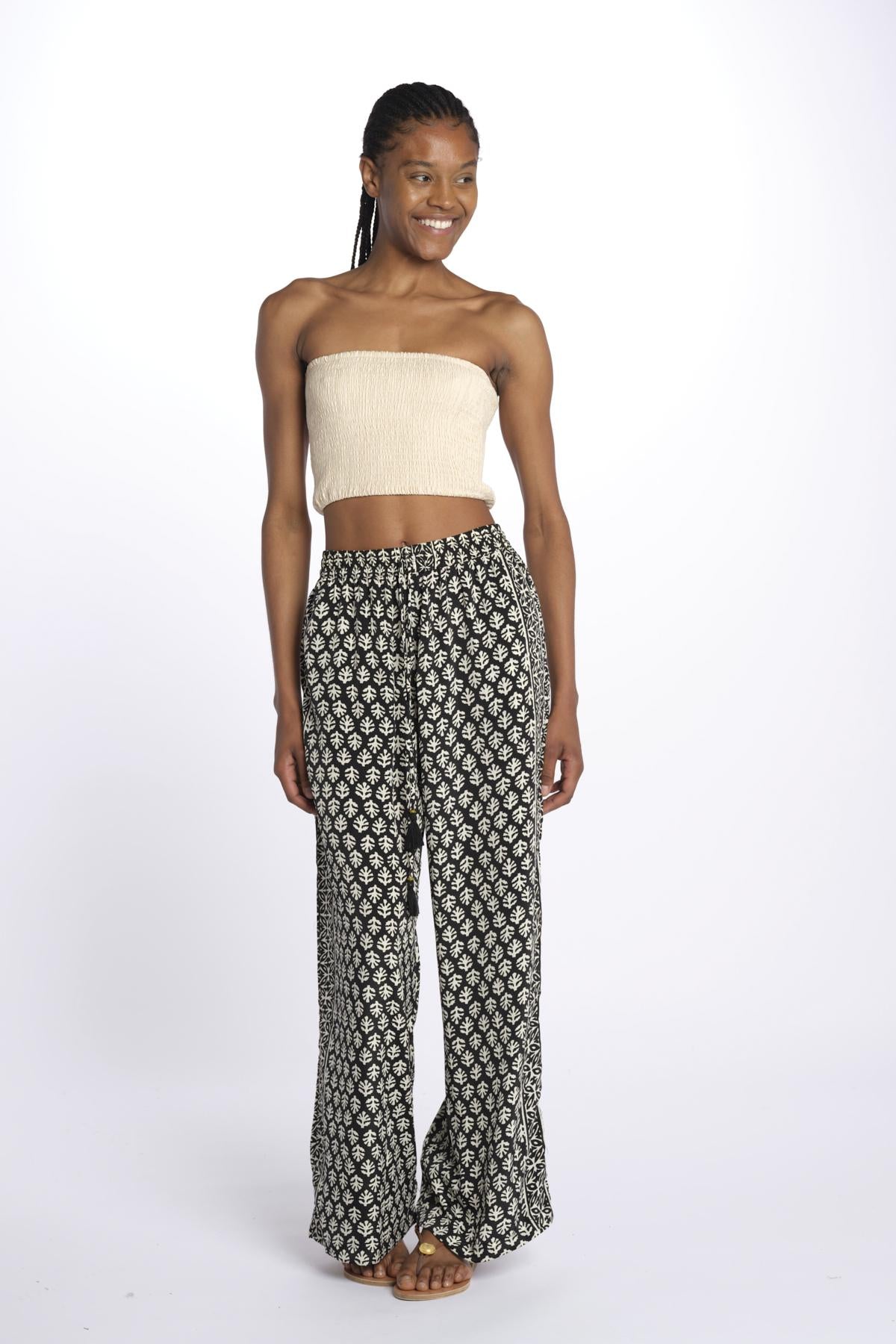 DAKOTA pantaloni con elastico in vita stampa foglie DAKOTA INDIAN BLACK laraethnics 