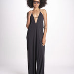 tuta con spalline sottili e incrocio sulla schiena NORA DEEP BLACK amazuìn 