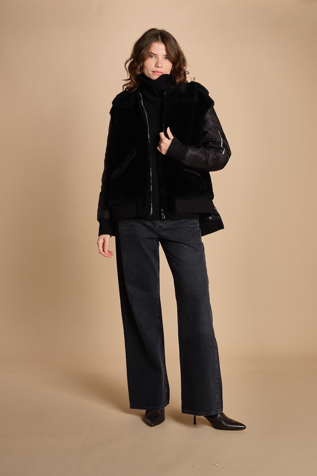 24065 giubbotto in nylon e pelliccia 24065350 NERO milaura 