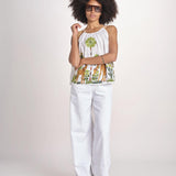 top con spalline ricamo giraffe BE25396 WHITE MULTI benaras soleil 