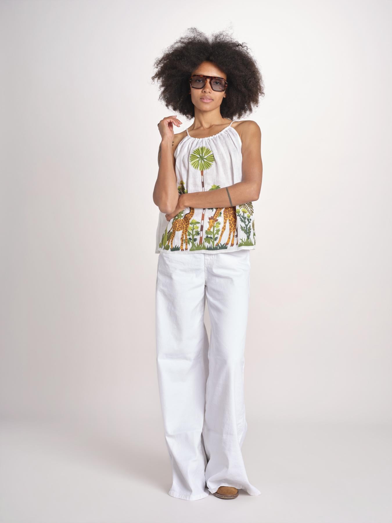 top con spalline ricamo giraffe BE25396 WHITE MULTI benaras soleil 