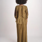 camicia in seta ricamo fiori BE25407 KHAKI BLU benaras soleil 
