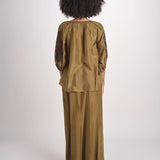 camicia in seta ricamo fiori BE25407 KHAKI BLU benaras soleil 