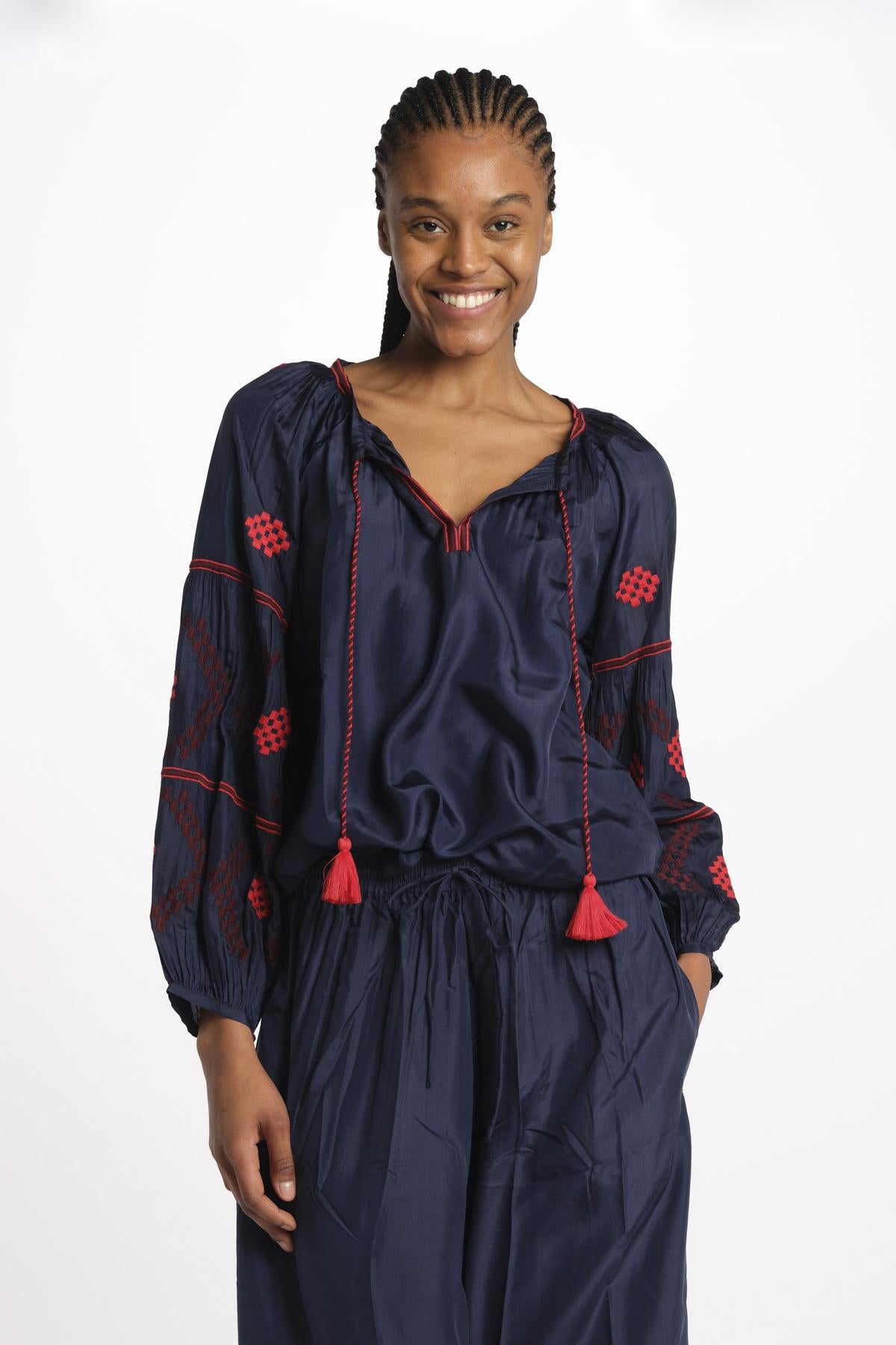 WESTEND silk top manica ricamata by milaura. BE24160 DK NAVY benaras soleil 