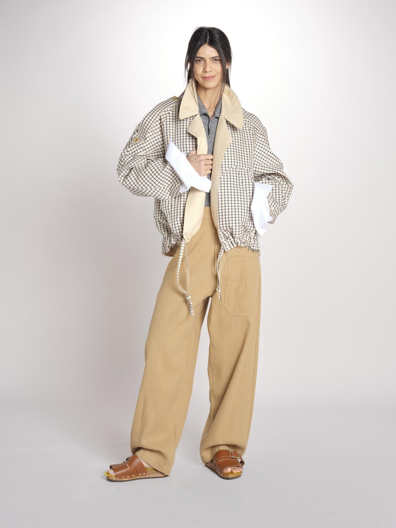 Giubbotto a quadretti reversibile BOMBERTRENCH MJD547_108477 BEIGE BLUE CHECK jejia 