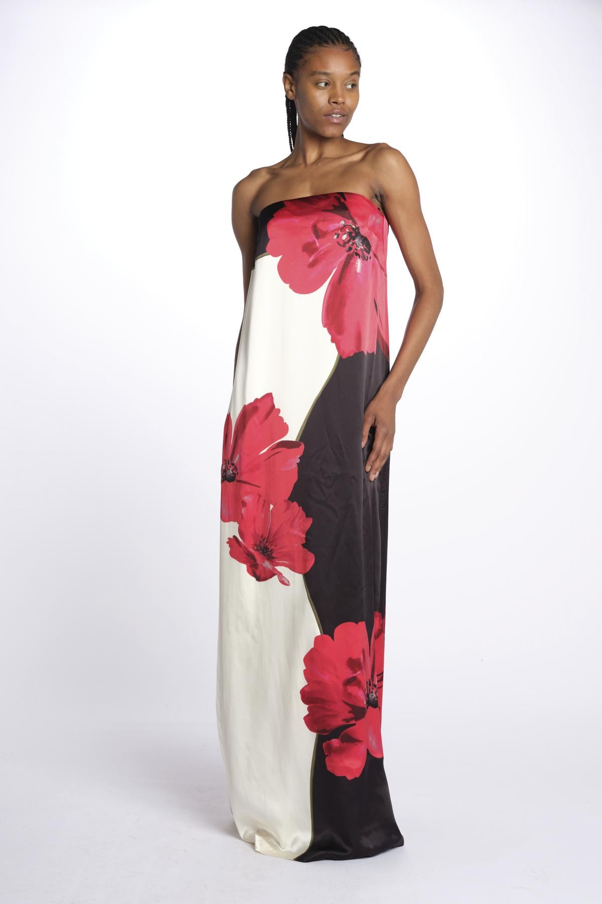 Abito AMAPOLA  lungo stampa fiore 1035 POPPY BLACK CREAM rebecca vallance 