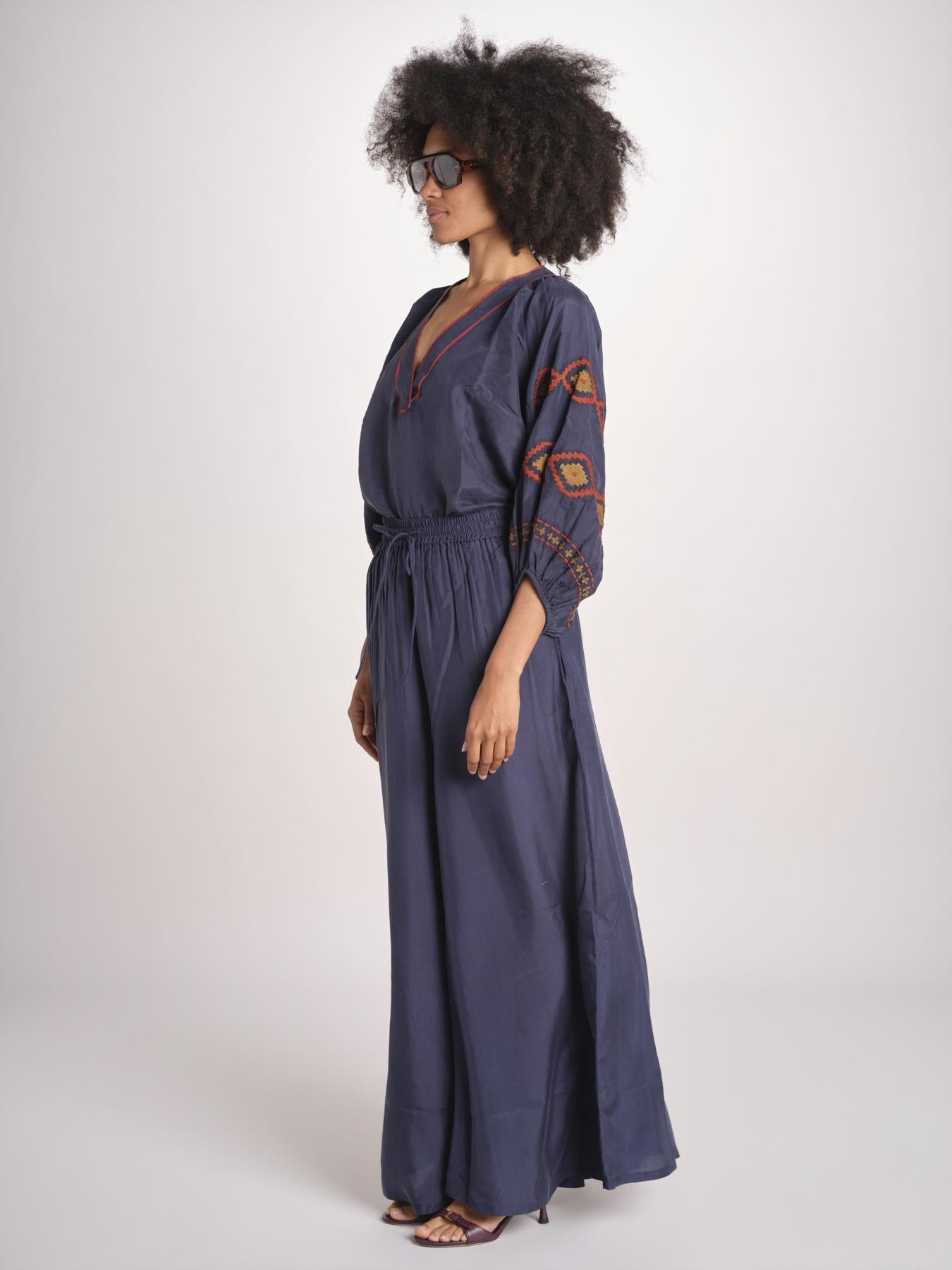 pantalone in seta over BE25252 NAVY benaras soleil 