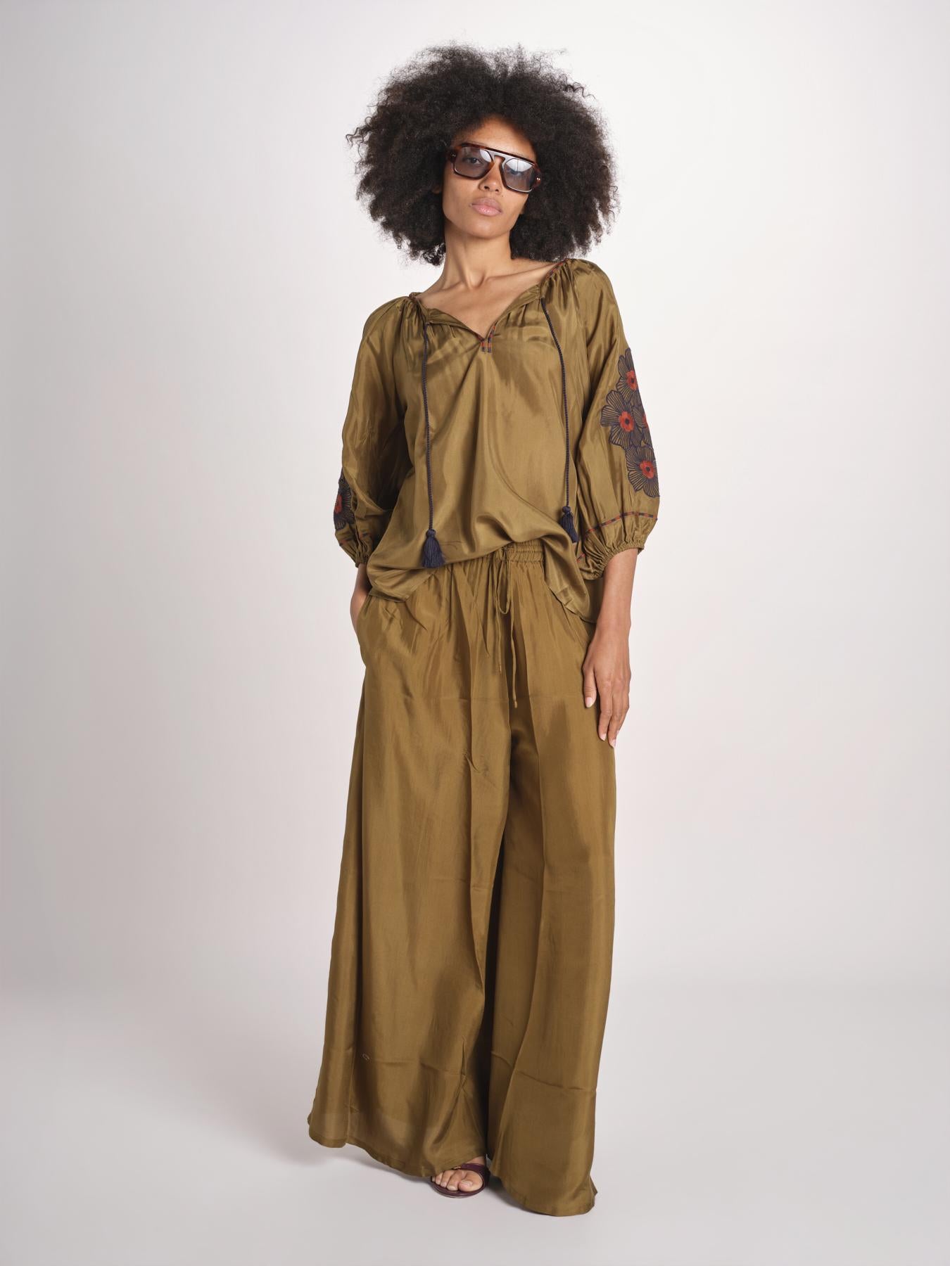 Pantalone in seta over BE25252 KHAKI benaras soleil 