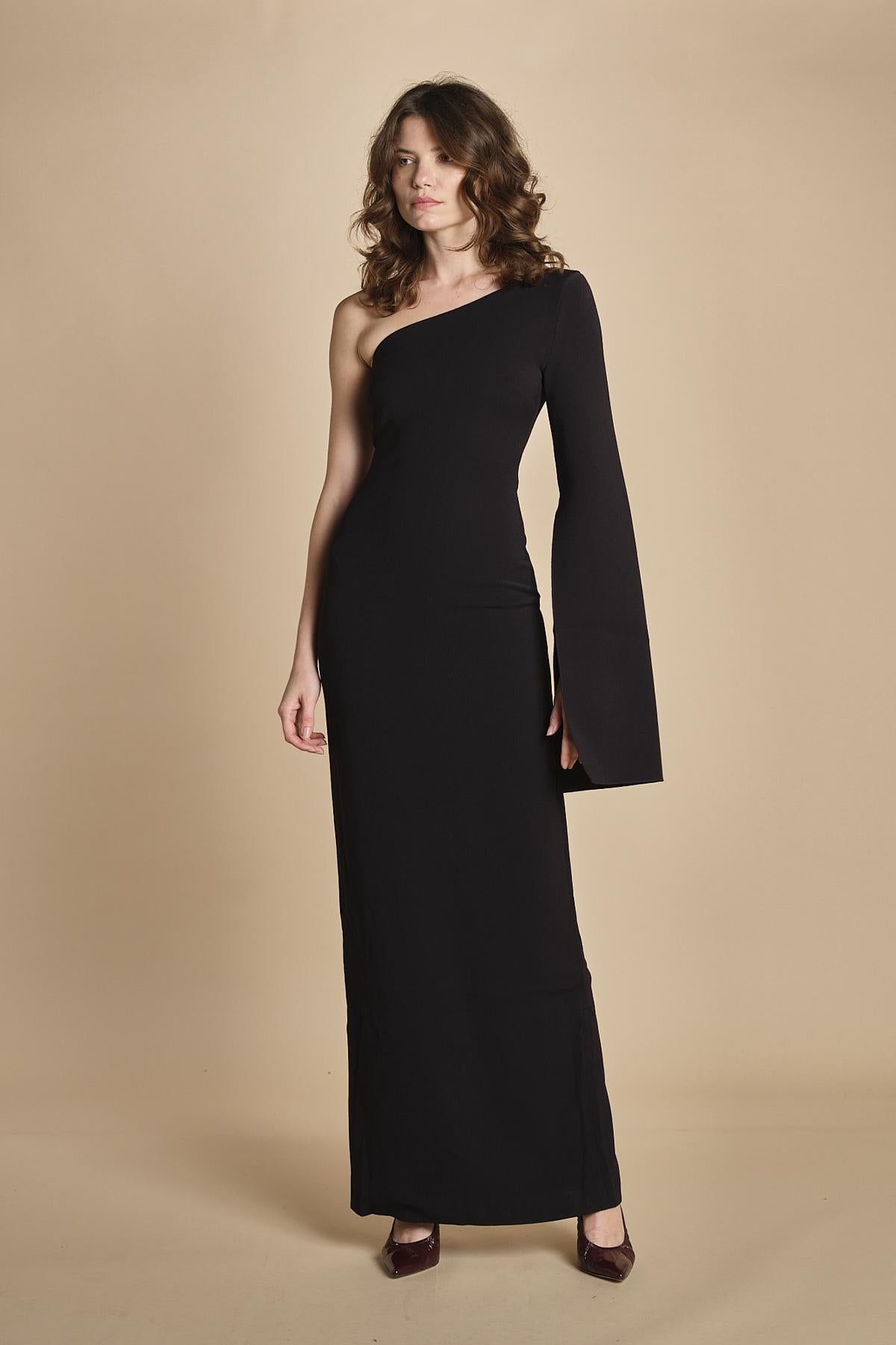 maxidress monospalla con manica a campana ALINA BLACK solace 