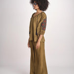 camicia in seta ricamo fiori BE25407 KHAKI BLU benaras soleil 