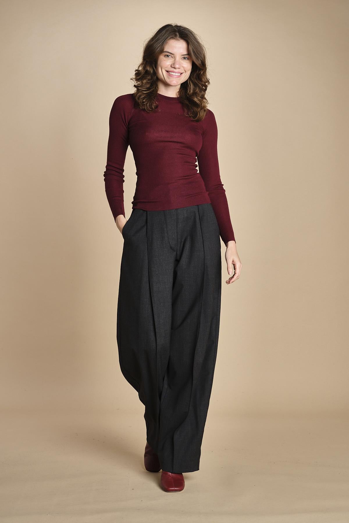 girocollo a costine manica luna in lana merino LAU30 E14015 BORDEAUX milaura 