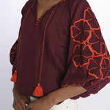 STRIPE FLOWER camicia con fiori ricamati sulla manica by milaura. BE24912 BURGUNDY ORANGE benaras soleil 