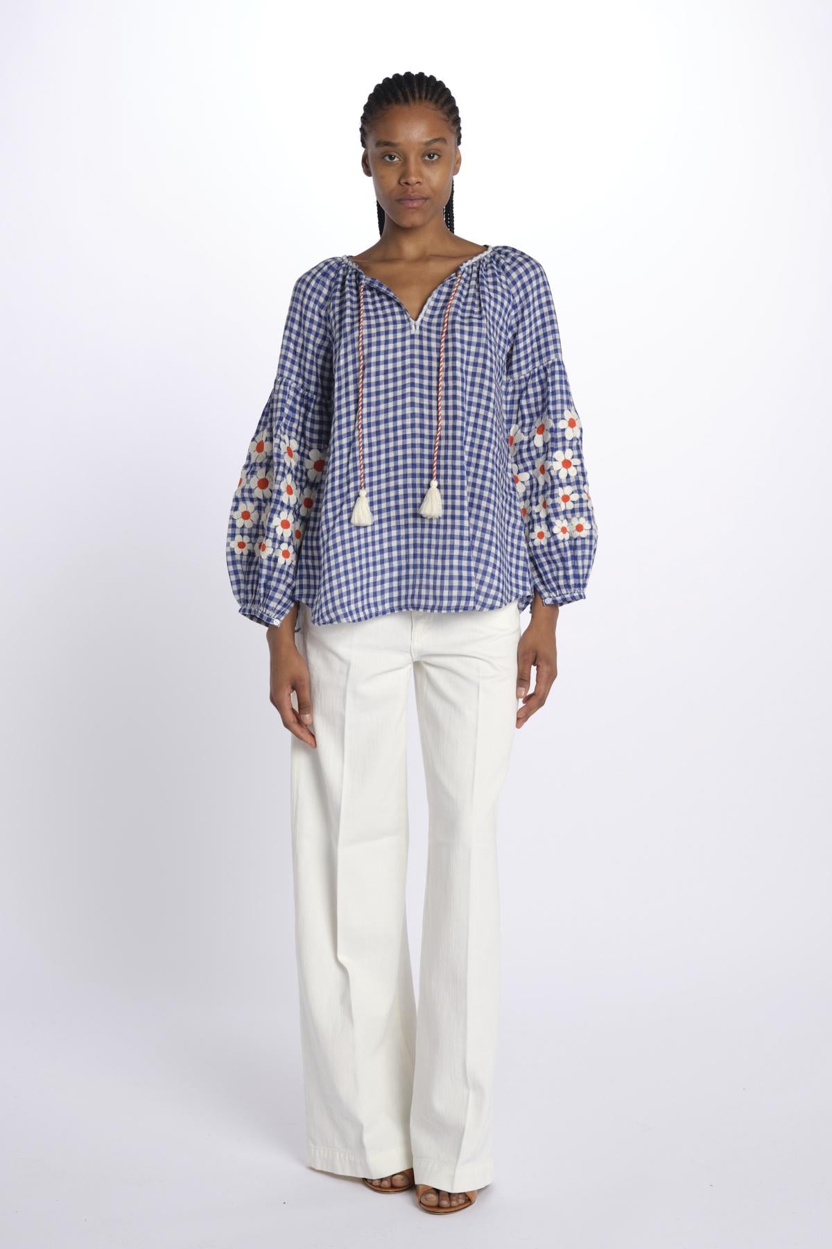 MANDAVILLA  camicia A QUADRI con fiori ricamati sulla manica by milaura. BE24913 BLUE WHITE benaras soleil 