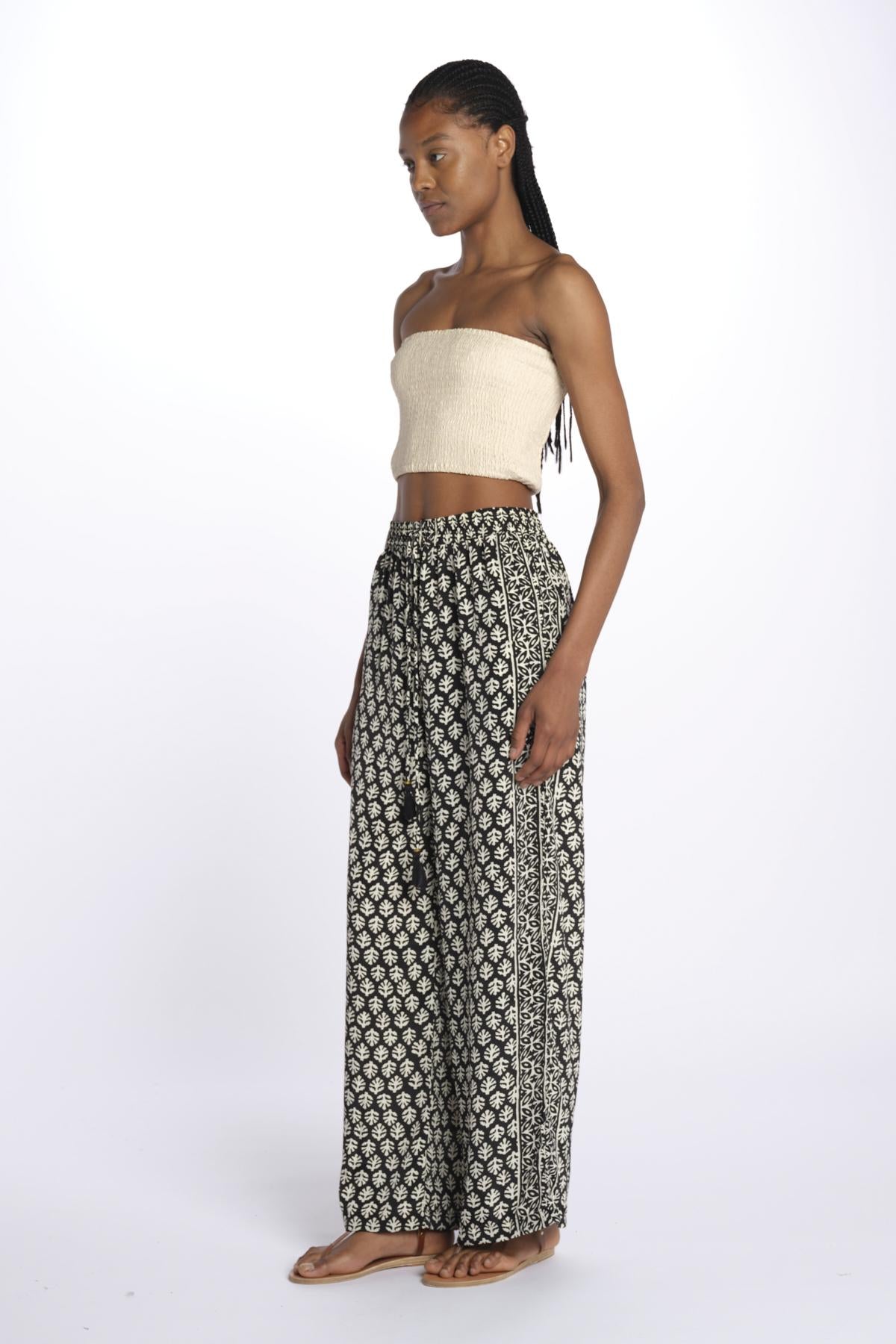 DAKOTA pantaloni con elastico in vita stampa foglie DAKOTA INDIAN BLACK laraethnics 