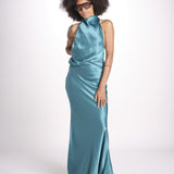 abito lungo in seta con nodo sul retro THE CAMERON DR287 TEAL BLUE misha 