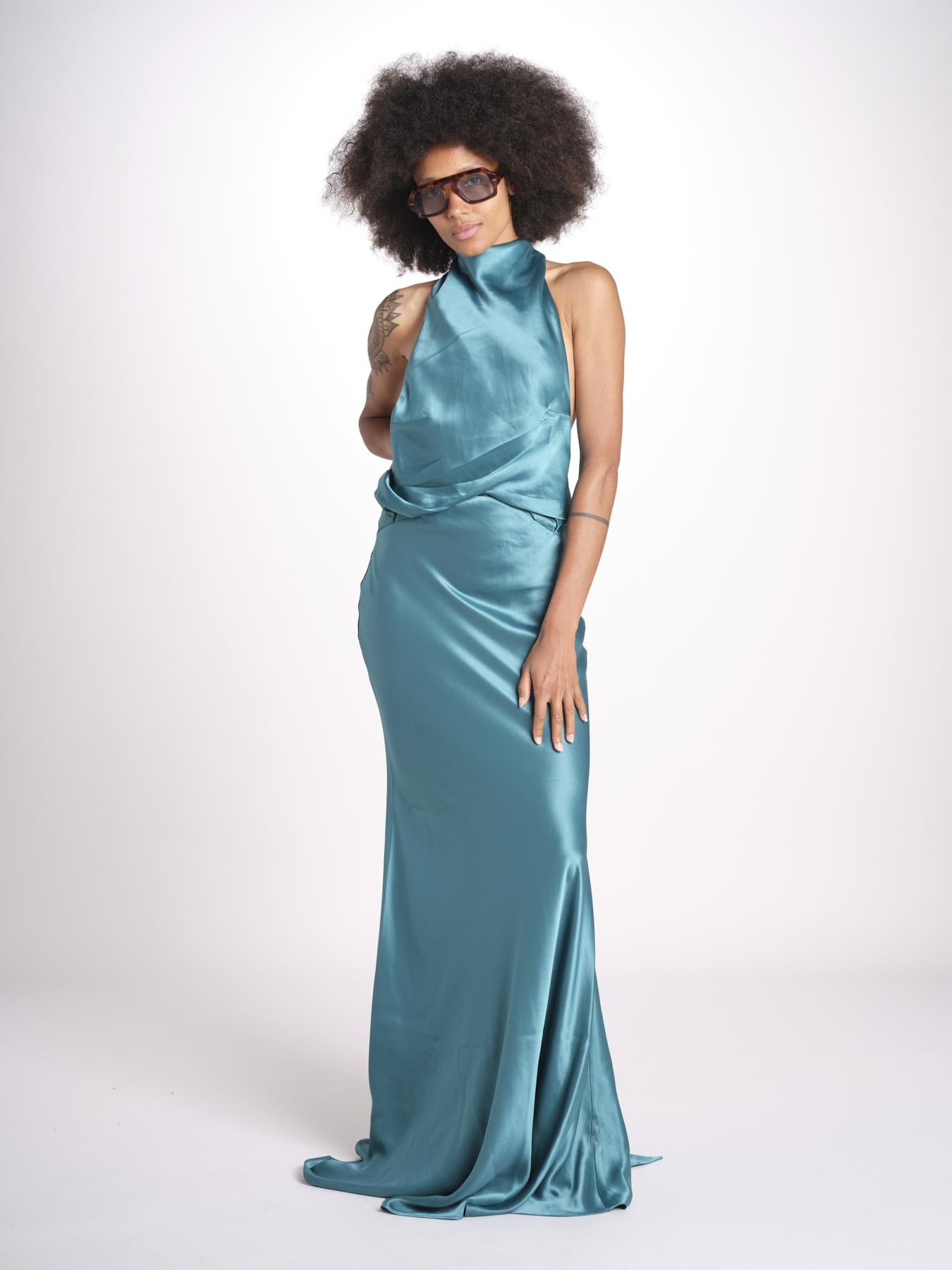 abito lungo in seta con nodo sul retro THE CAMERON DR287 TEAL BLUE misha 