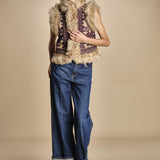gilet  ricamato con montone SANDORA GILET CAMEL antik batik 