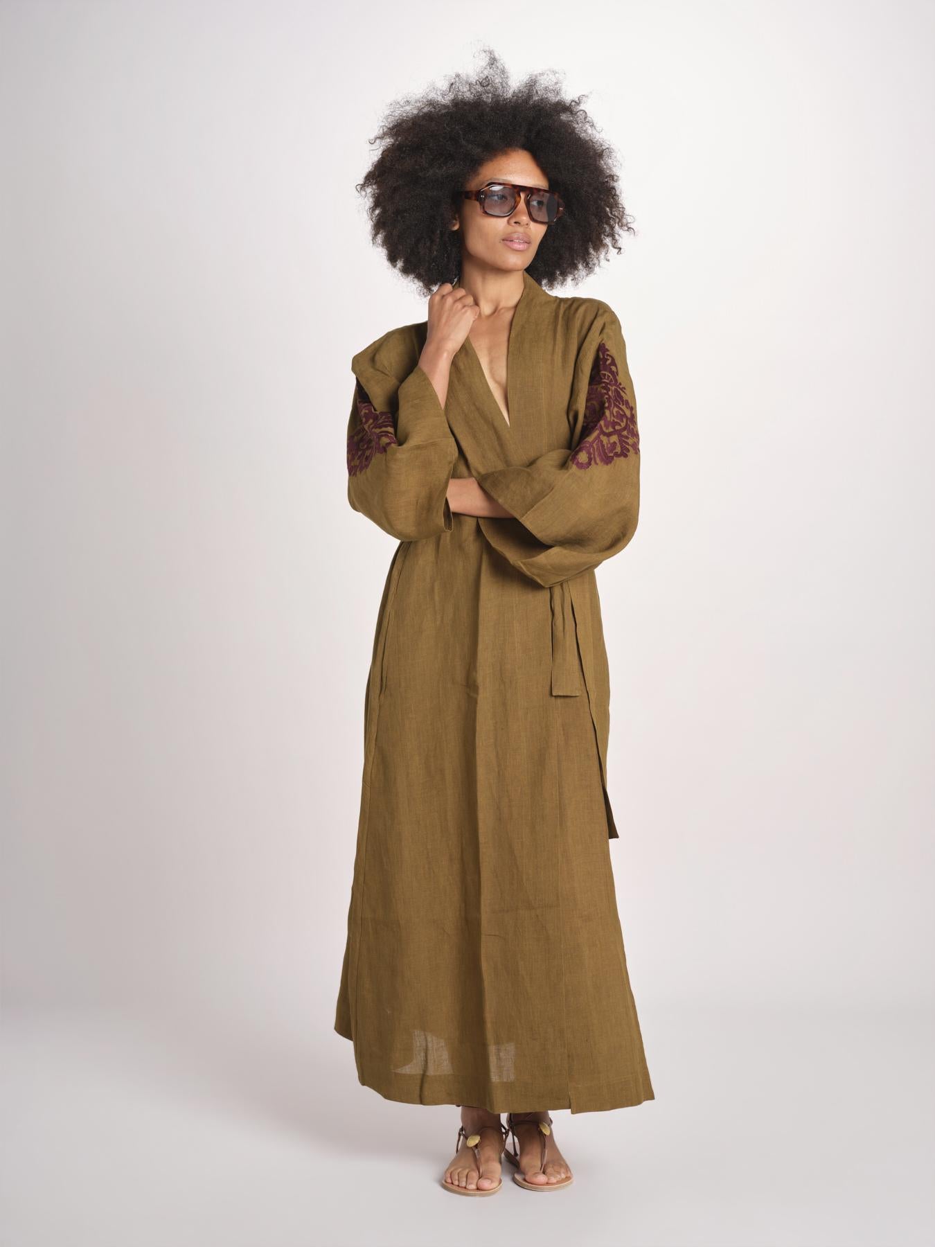 caftano lungo con ricami BE 25244 KHAKI WHINE benaras soleil 
