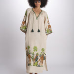 caftano lungo con giraffe ricamate BE24868 BEIGE MULTI benaras soleil 