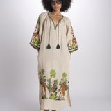 caftano lungo con giraffe ricamate BE24868 BEIGE MULTI benaras soleil 