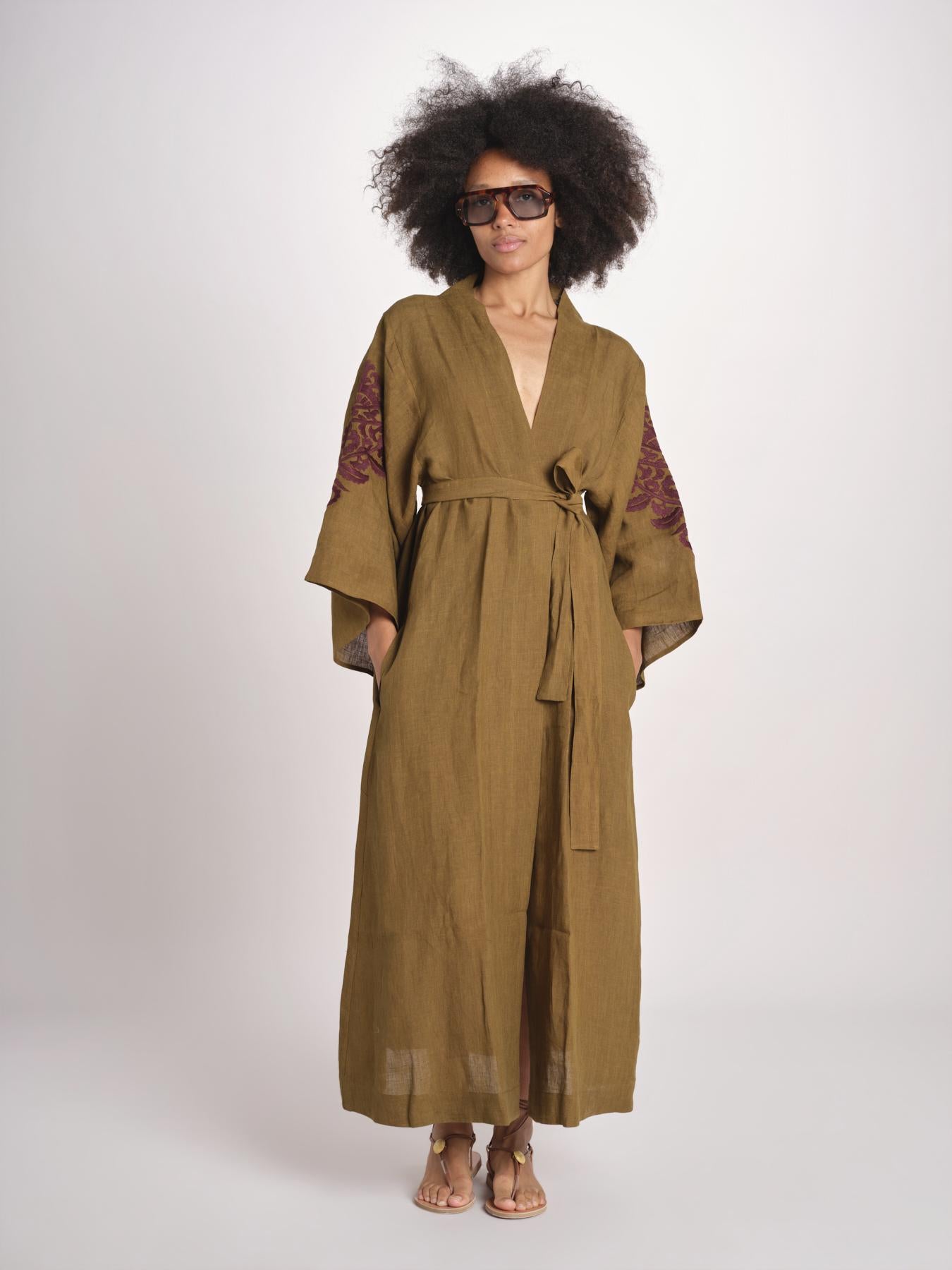 caftano lungo con ricami BE 25244 KHAKI WHINE benaras soleil 