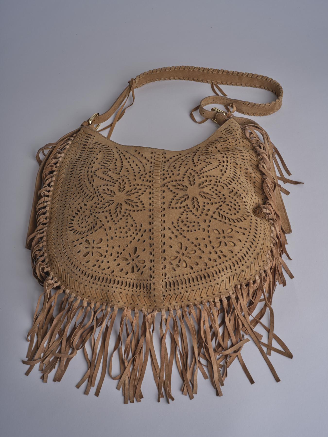 borsa a tracolla con fiori laserati e frange NADINE SUEDE AB07 TABACCO via mail bag 