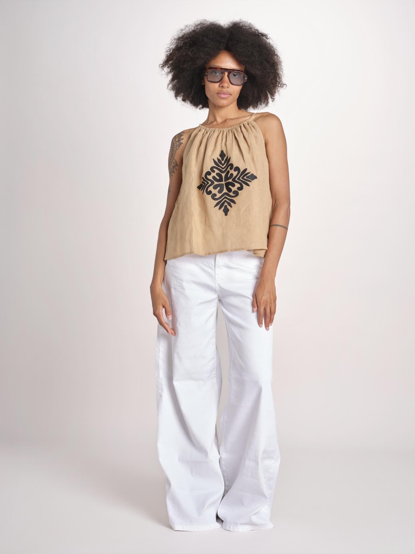 top ricamo greche BE25204 BEIGE BLACK benaras soleil 