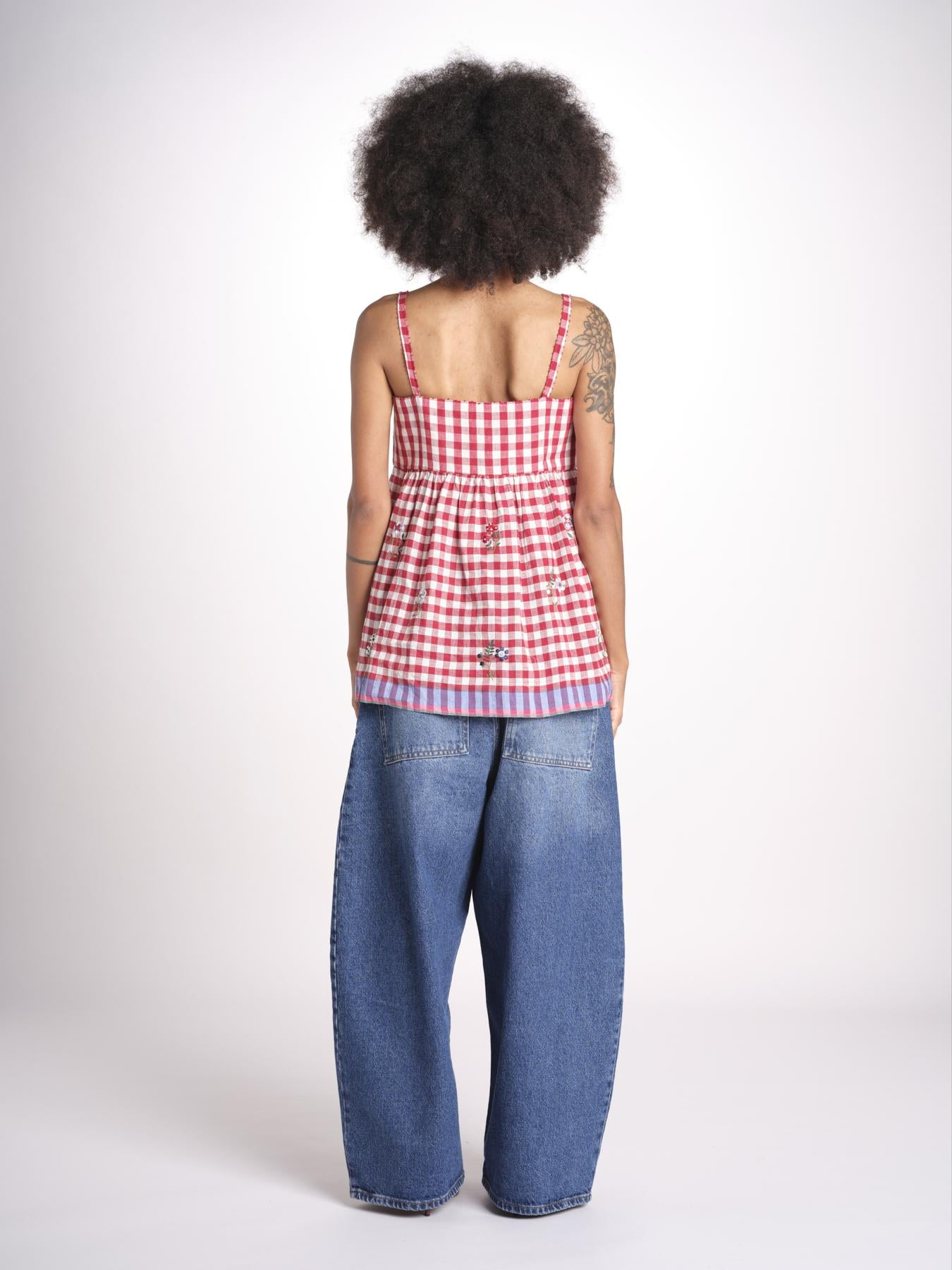 ttop a quadretti con fiorellini ricamati 1WS-58E RED payal pratap 