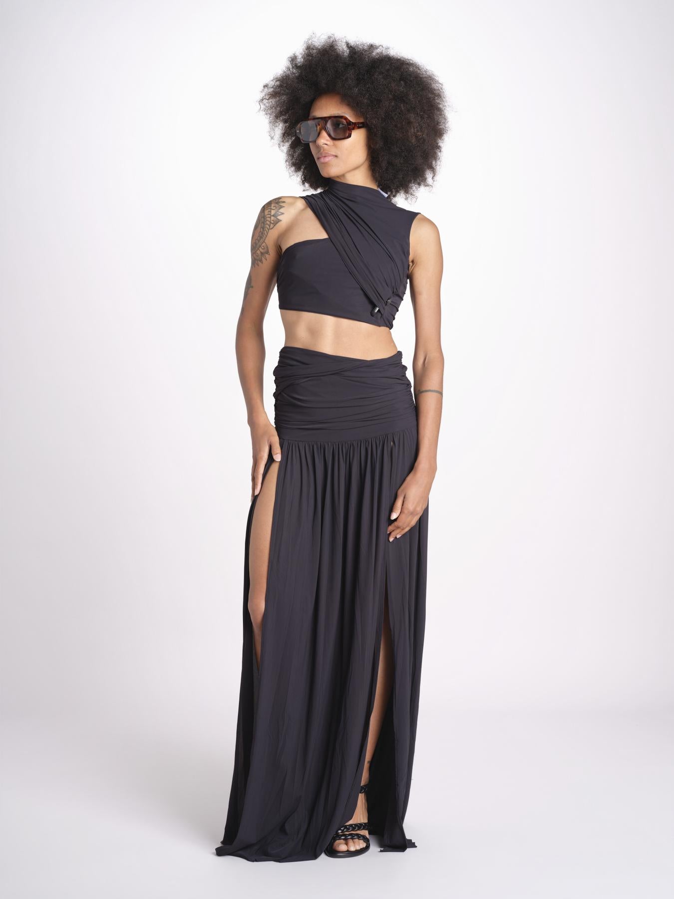 cropped top in jersey con drappeggio asimmetrico ALIN DEEP BLACK amazuìn 