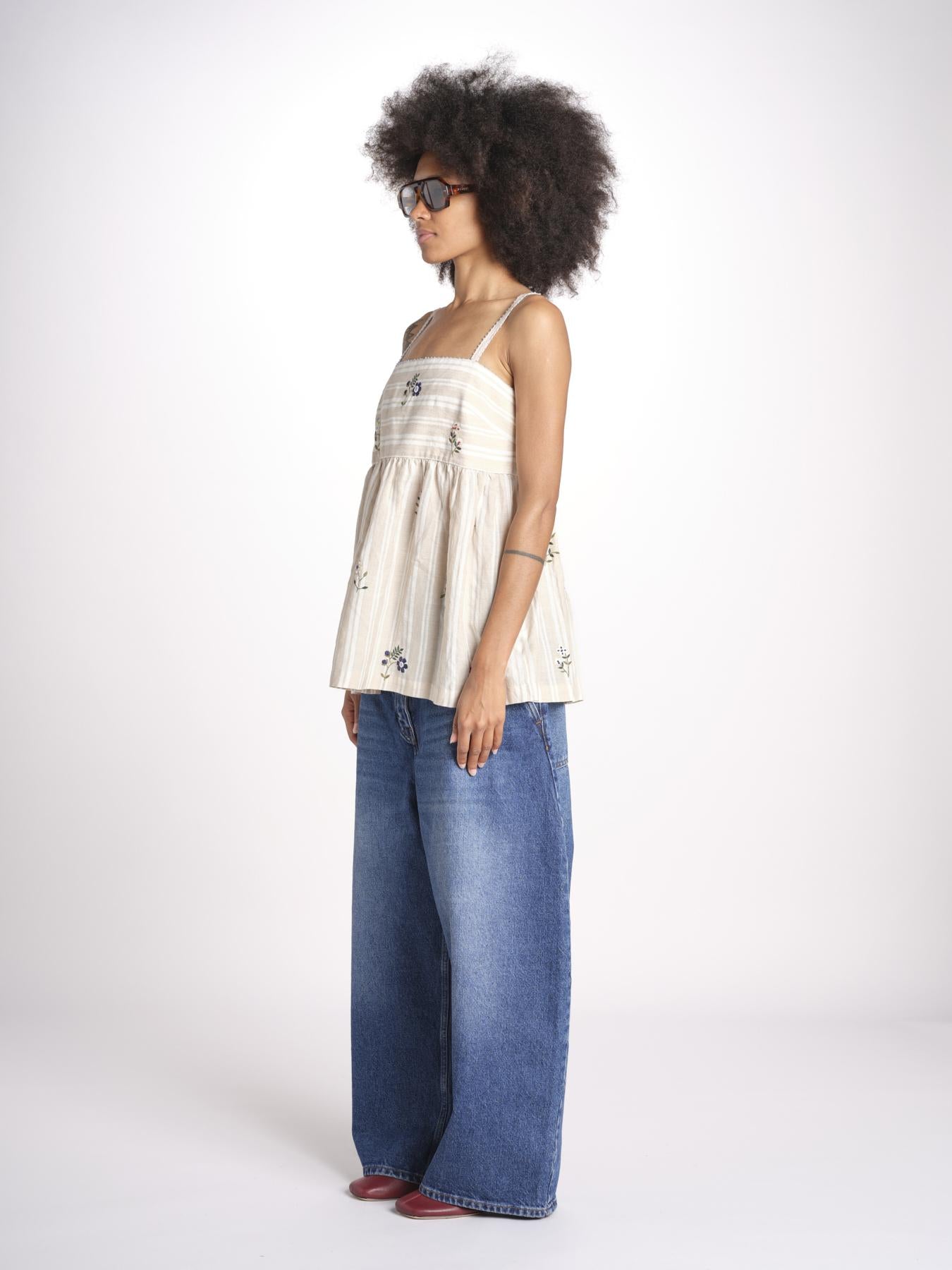 top a righe con fiorellini ricamati 1WS-58S BEIGE.WHITE STRIPES payal pratap 
