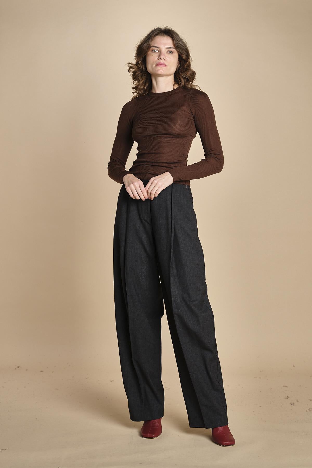 girocollo a costine manica luna in lana merino LAU30 E2220 CIOCCOLATO milaura 