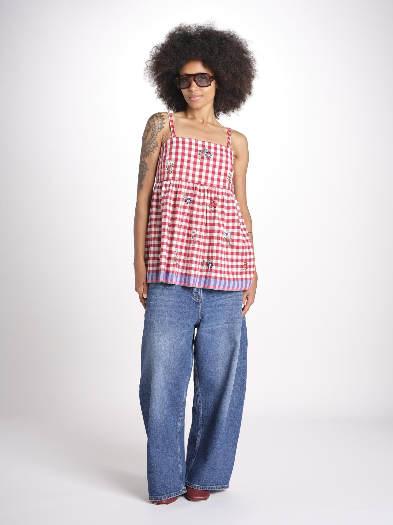 ttop a quadretti con fiorellini ricamati 1WS-58E RED payal pratap 