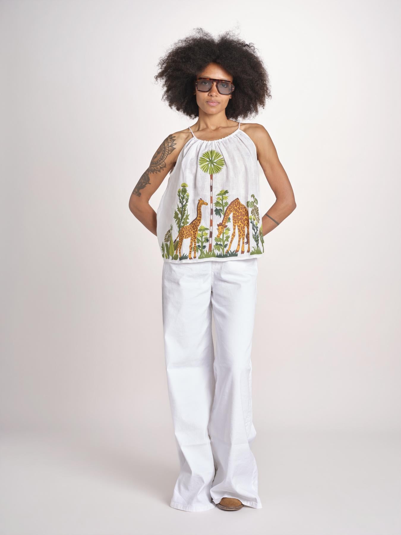 top con spalline ricamo giraffe BE25396 WHITE MULTI benaras soleil 
