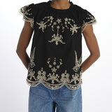 Top KINGSLEY ricamo fiori colombe 089 BLACK sea ny 